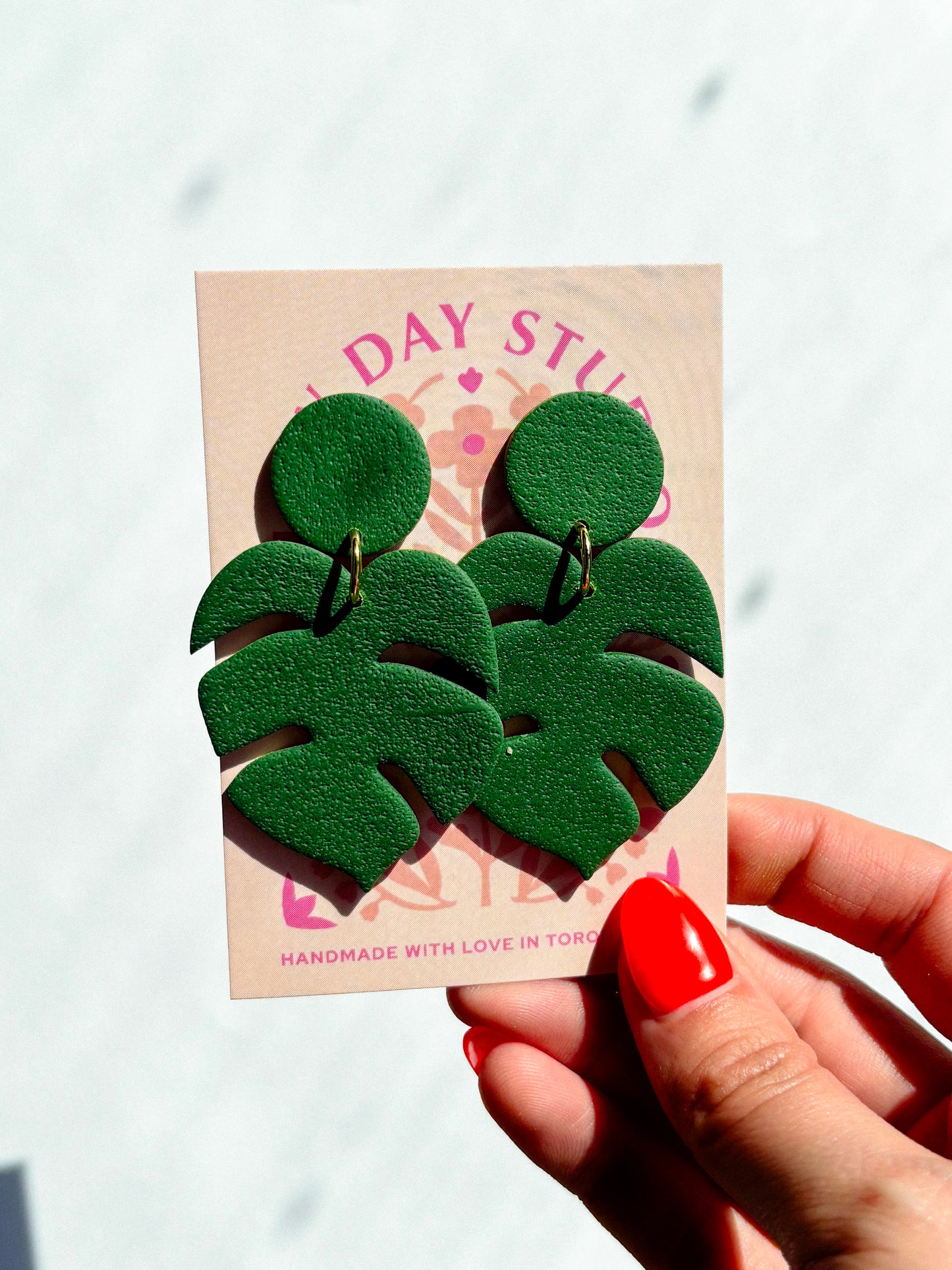 Textured Green Monstera Polymer Clay Earrings
