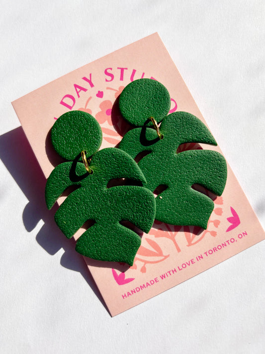 Textured Green Monstera Polymer Clay Earrings