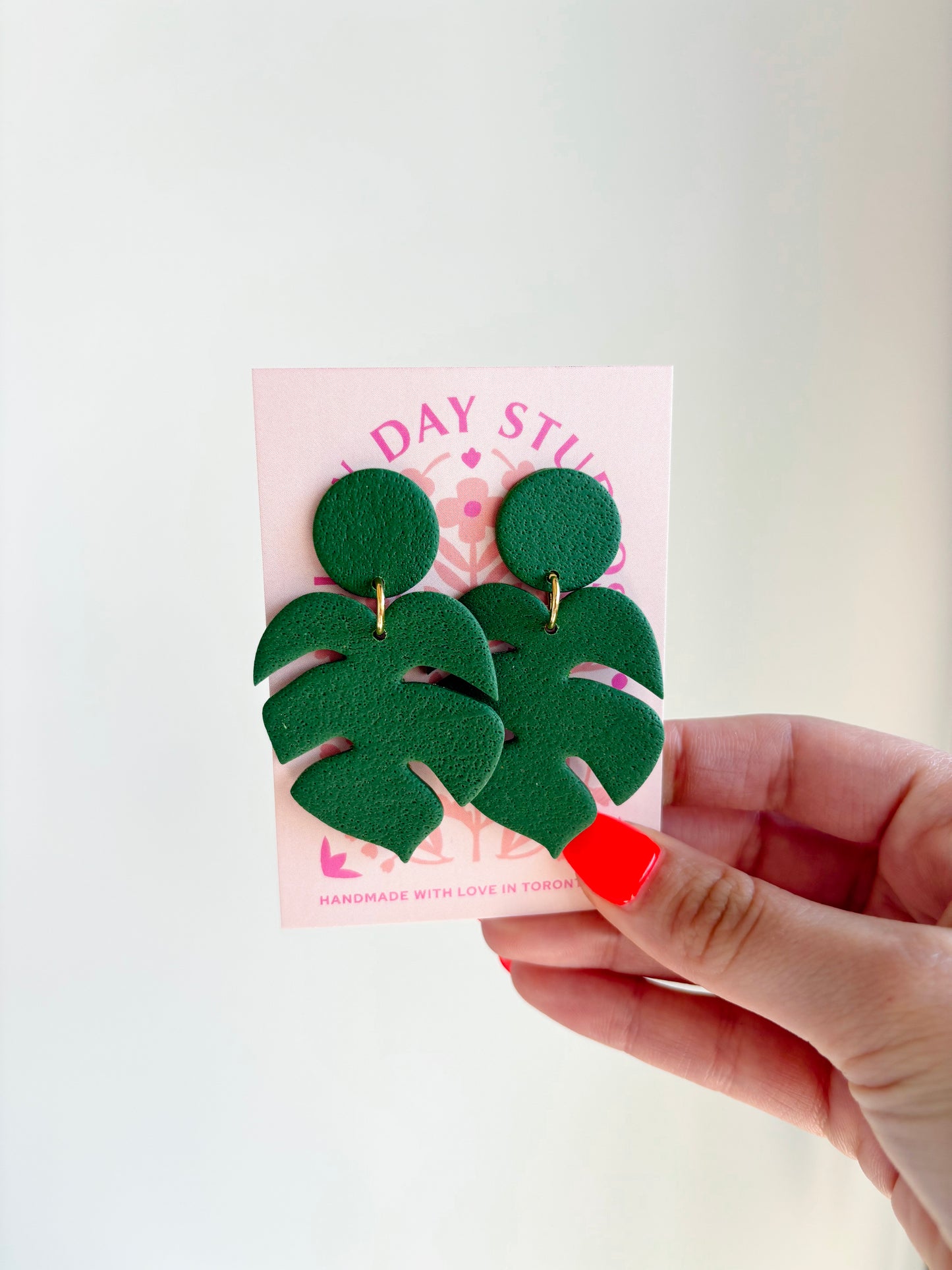 Textured Green Monstera Polymer Clay Earrings