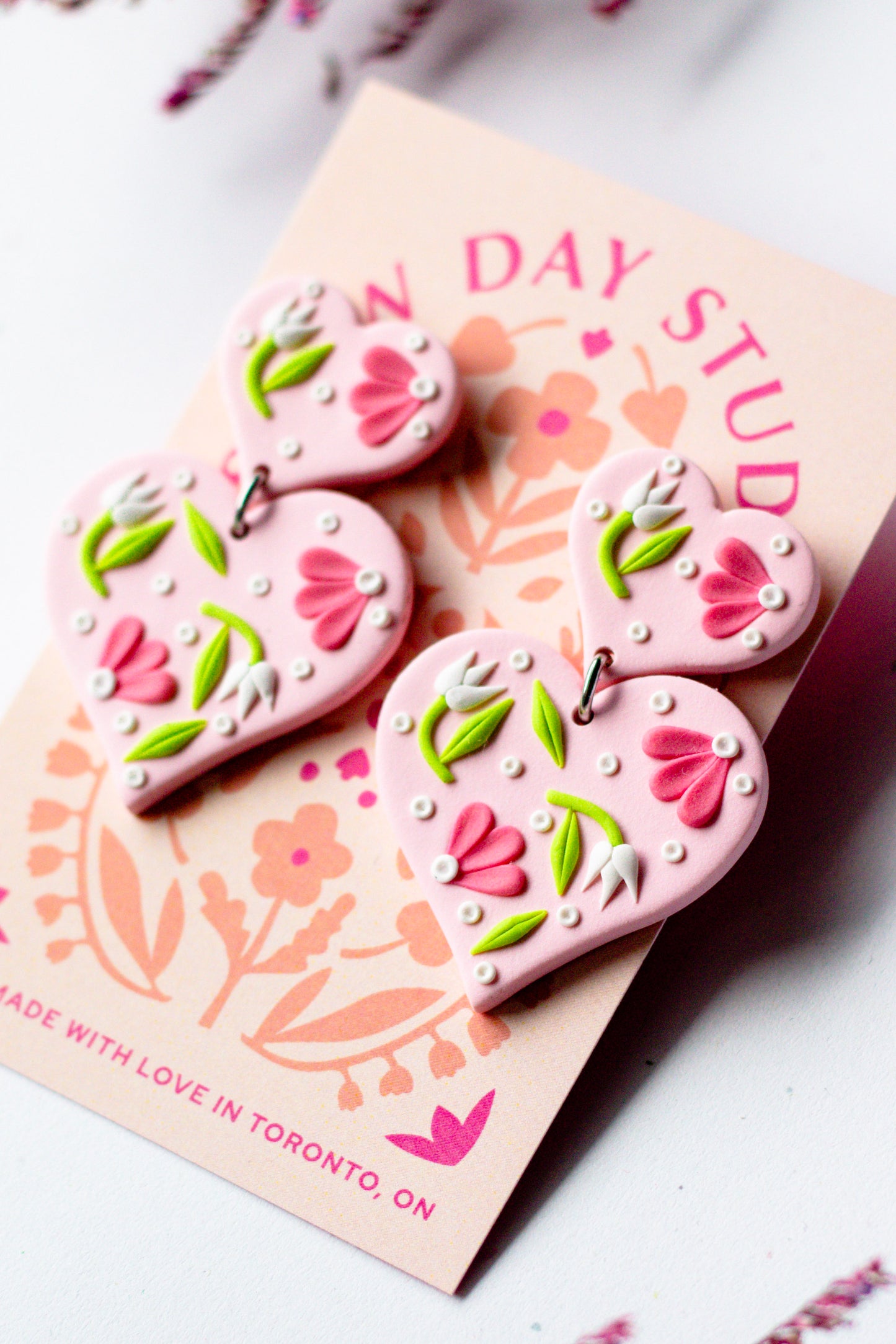 Polymer Clay Tiered Floral Heart Earrings