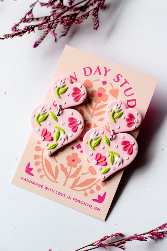 Polymer Clay Tiered Floral Heart Earrings