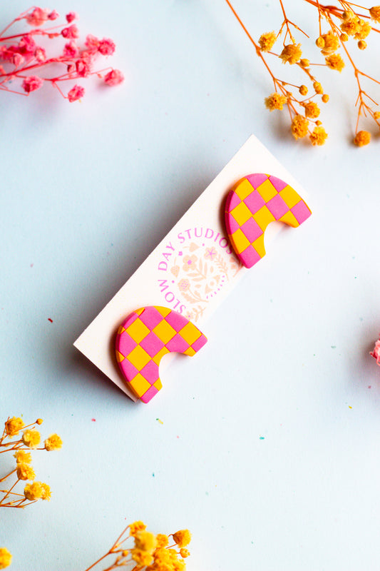 Checkerboard Funky Stud // Pink & Orange