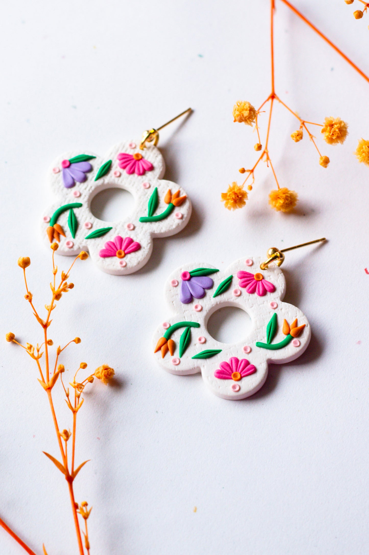 Polymer Clay Linen Textured Floral Dangle Earrings