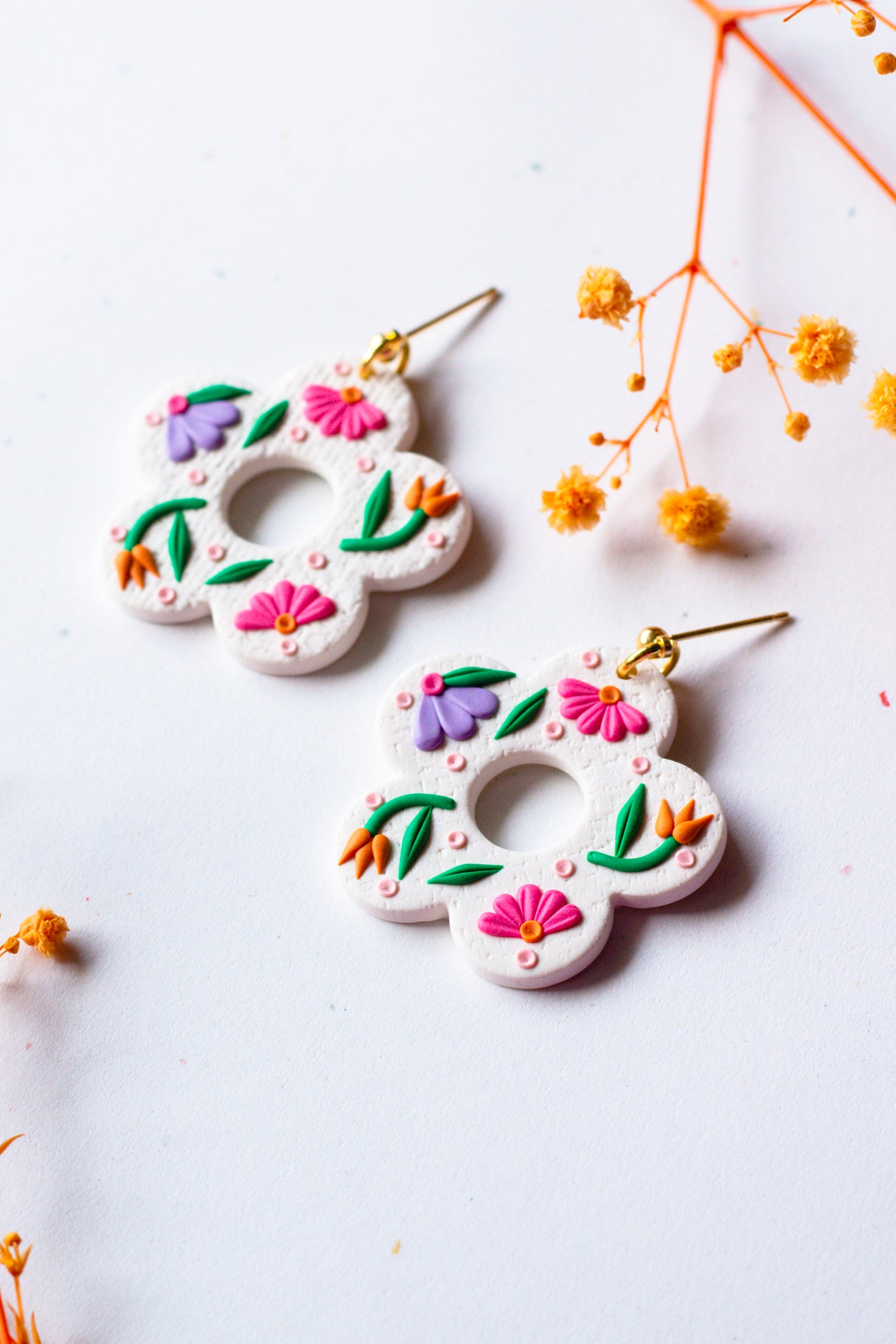 Polymer Clay Linen Textured Floral Dangle Earrings