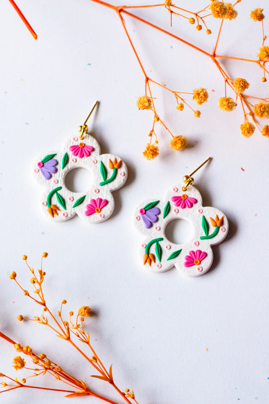 Polymer Clay Linen Textured Floral Dangle Earrings