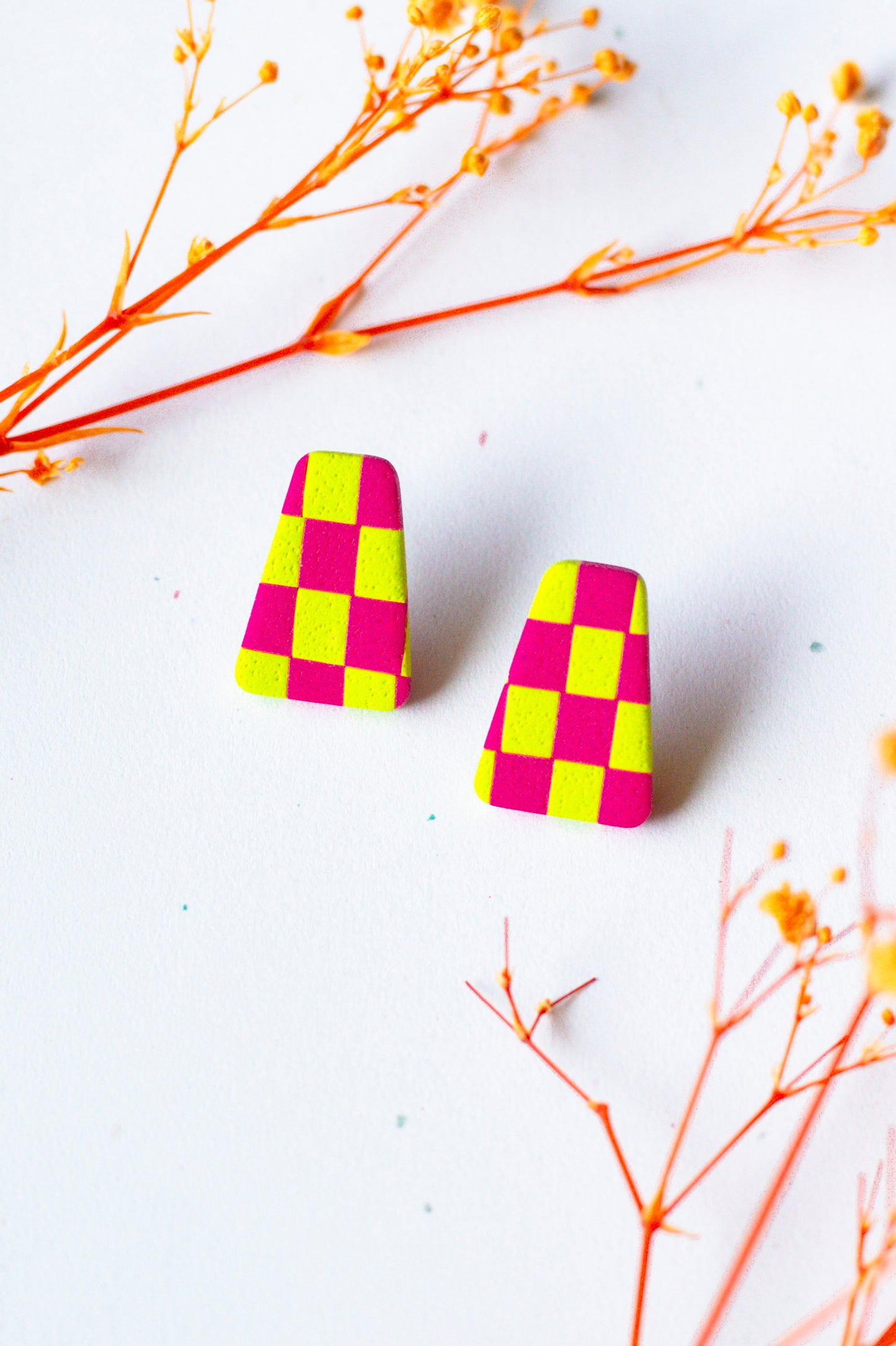 Checkerboard Textured Studs // Chartreuse & Magenta