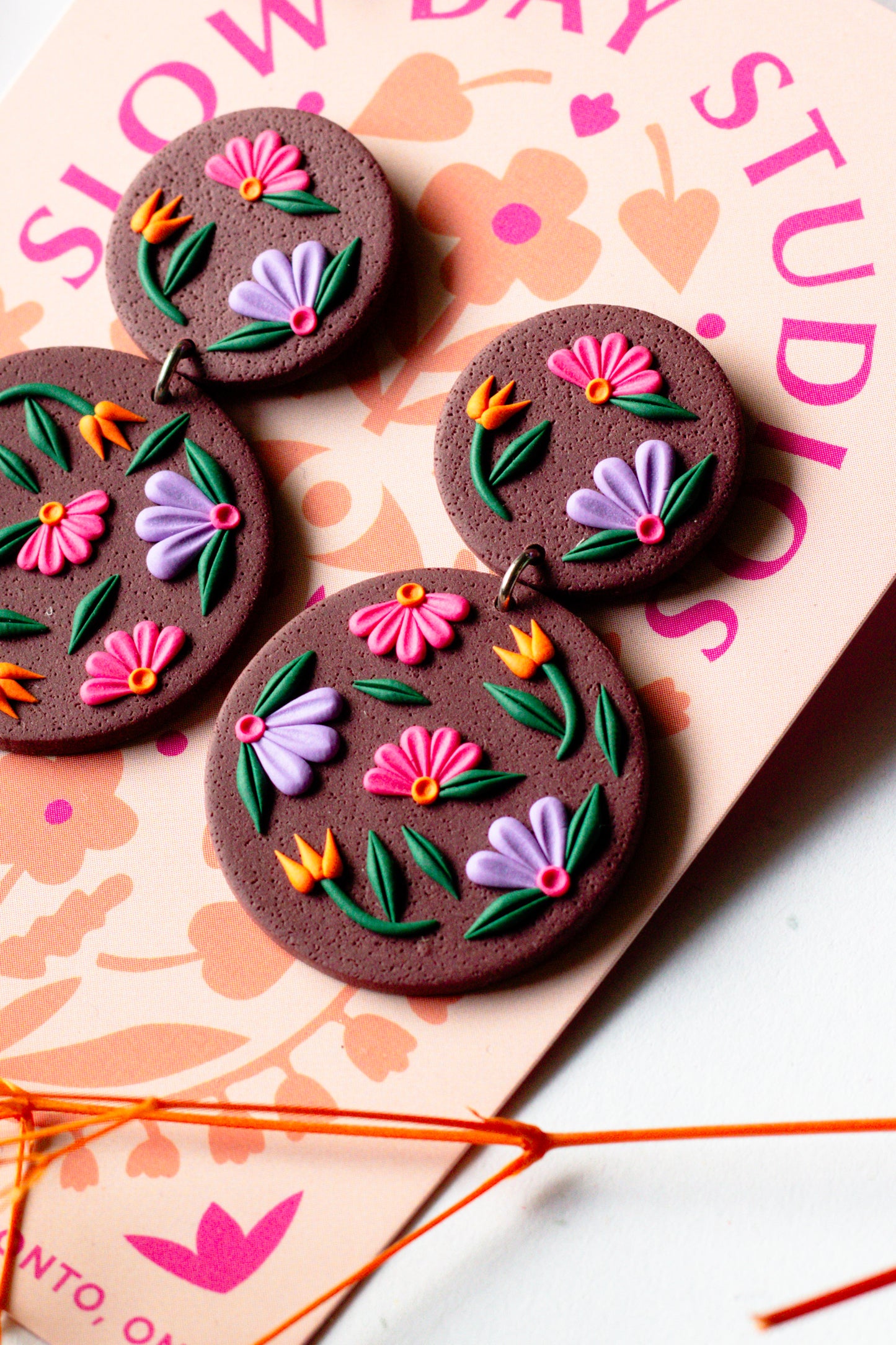 Brown Floral Polymer Clay Circle Dangle Earrings