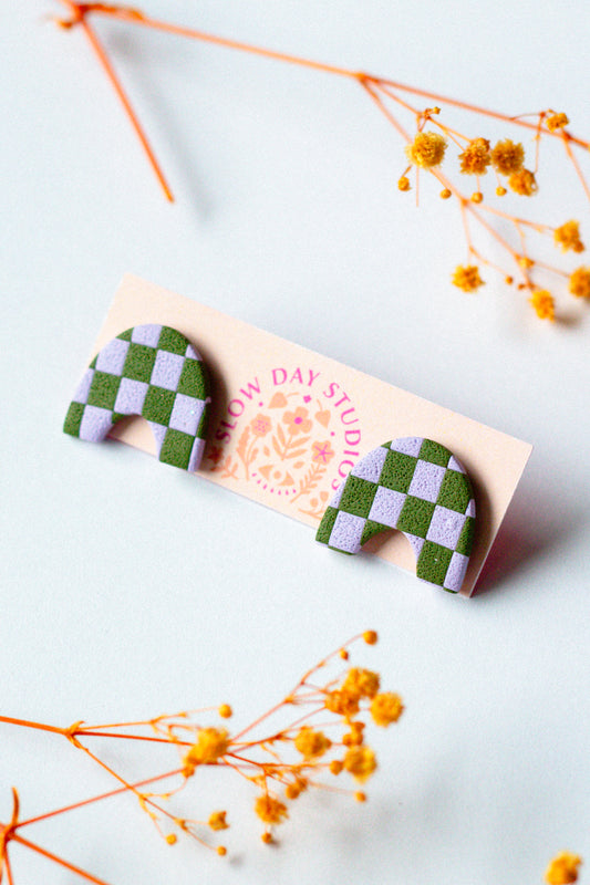 Polymer Clay Checkerboard Funky Stud // Olive & Pastel Purple