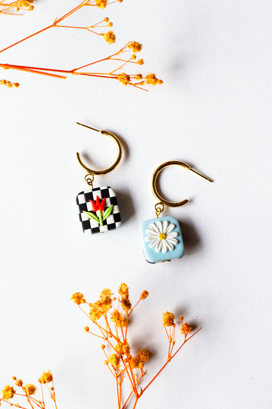 Reversible Floral Polymer Clay Hoop Earrings