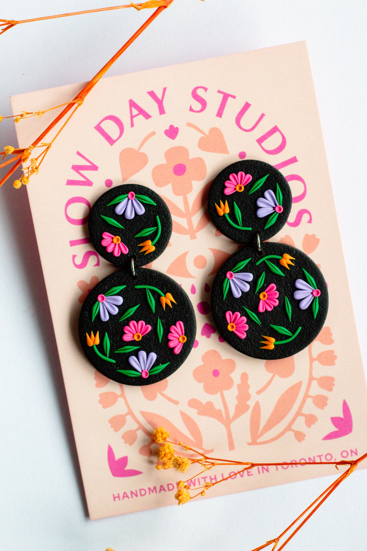 Black Floral Polymer Clay Circle Dangle Earrings