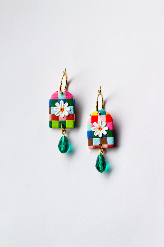 Rainbow Checkerboard Daisy Hoops