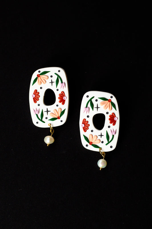 Autumn Floral Polymer Clay Statement Stud (with Freshwater Pearl)