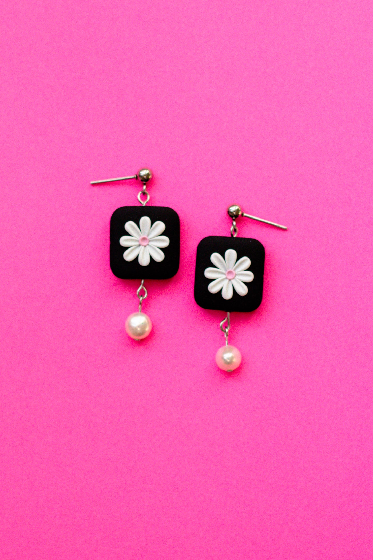 Polymer Clay Square Daisy Dangle Earring with Freshwater Pearl