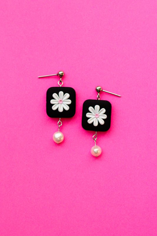 Polymer Clay Square Daisy Dangle Earring with Freshwater Pearl