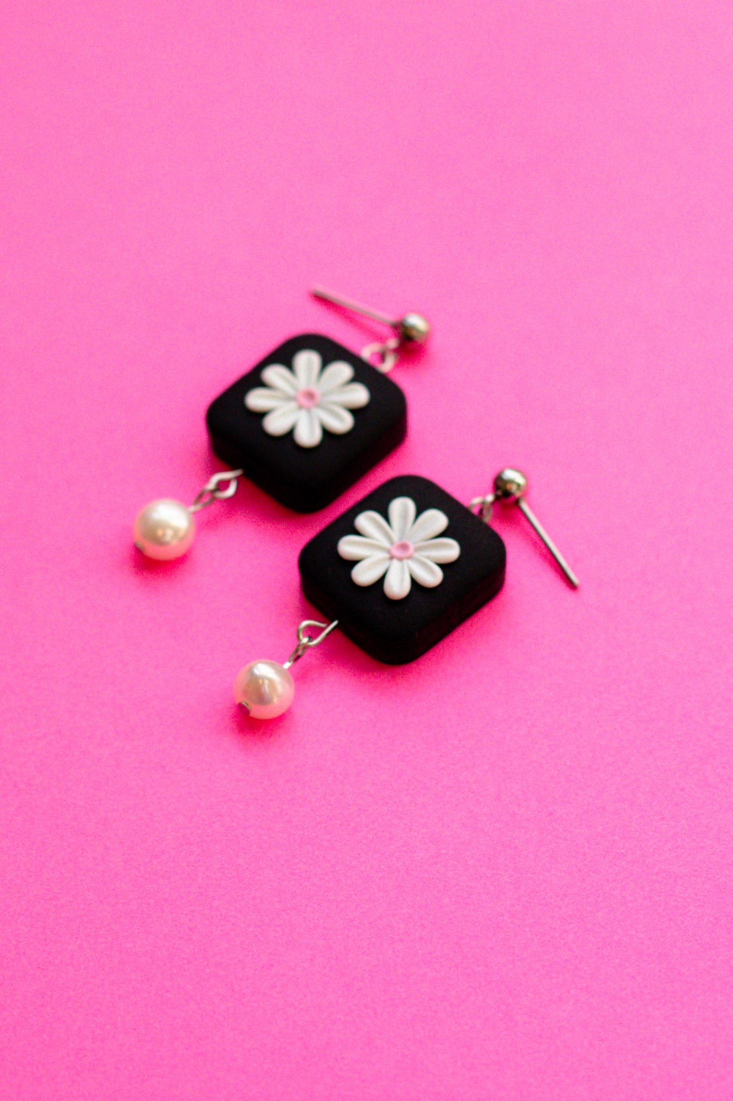 Polymer Clay Square Daisy Dangle Earring with Freshwater Pearl