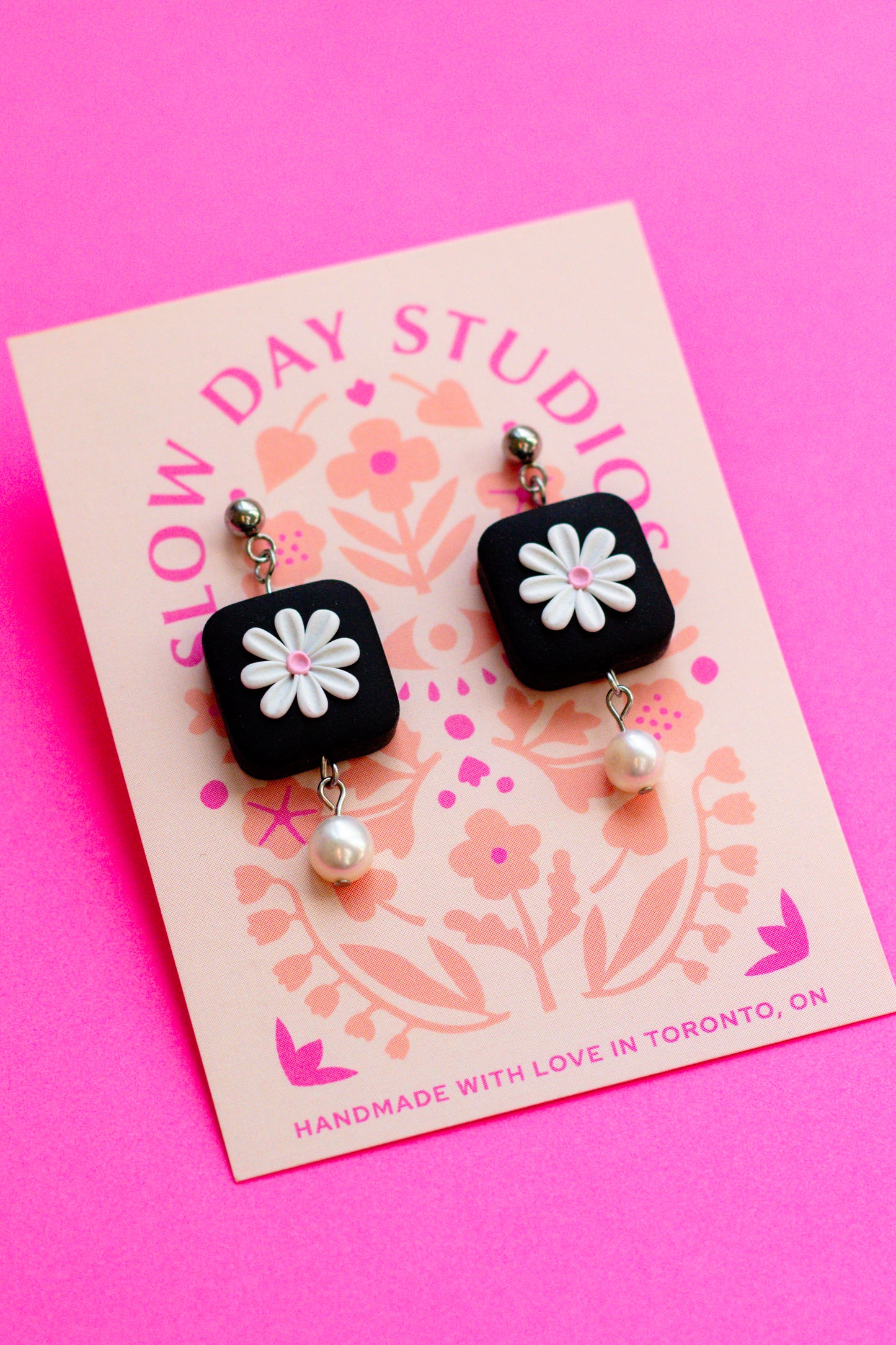 Polymer Clay Square Daisy Dangle Earring with Freshwater Pearl