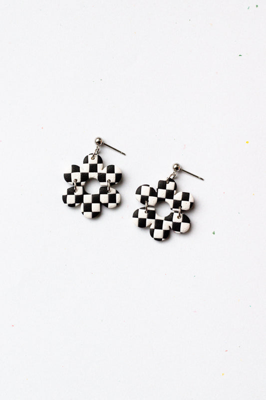 Funky Flower Dangle // Black and White Checkerboard