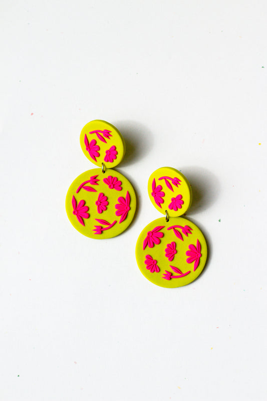 Flora Polymer Clay Dangle Earrings // Chartreuse