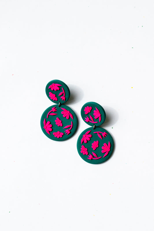 Flora Polymer Clay Dangle Earrings // Teal