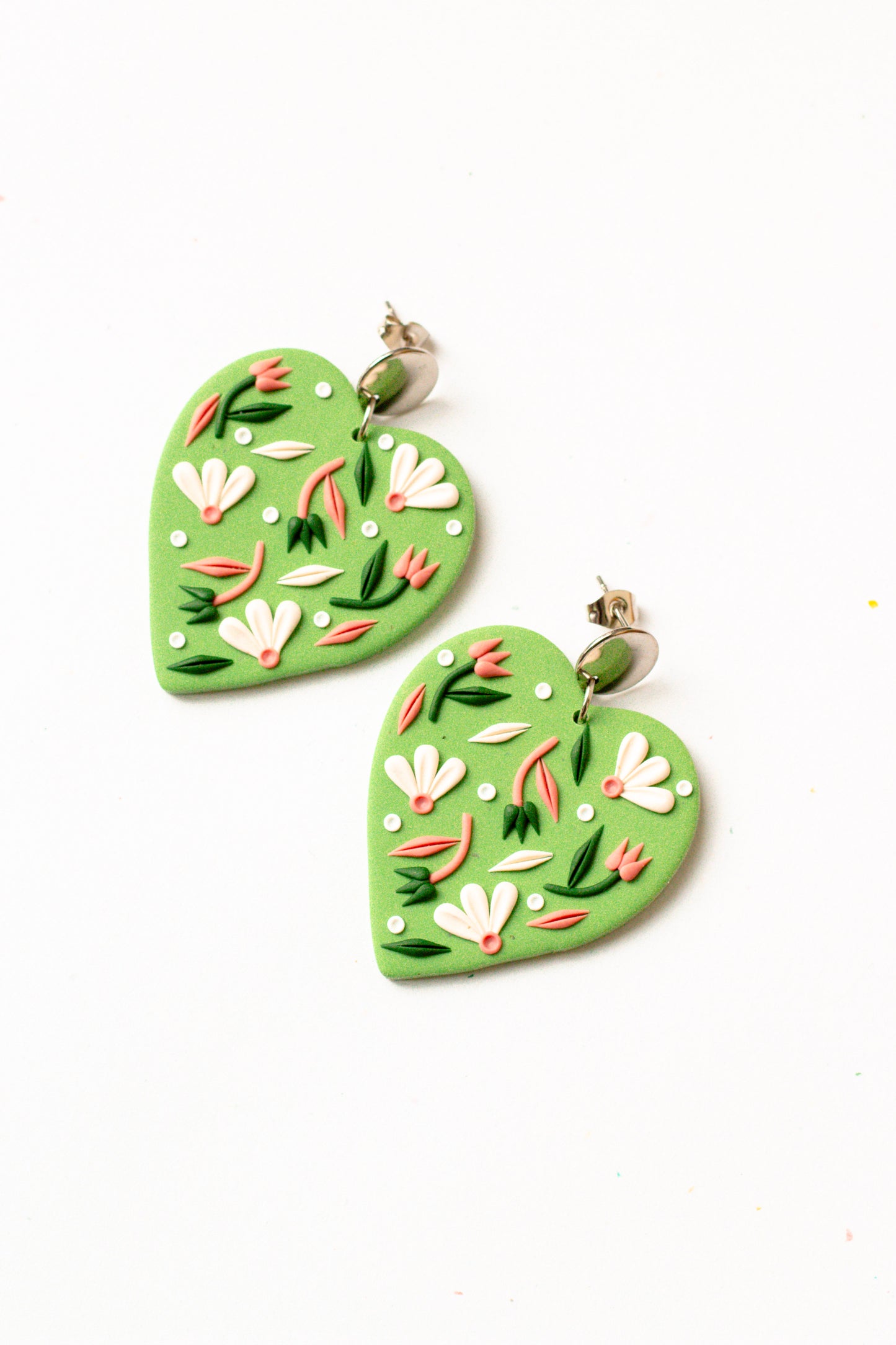 Floral Heart Clay Dangle Earrings // Speckled Sage