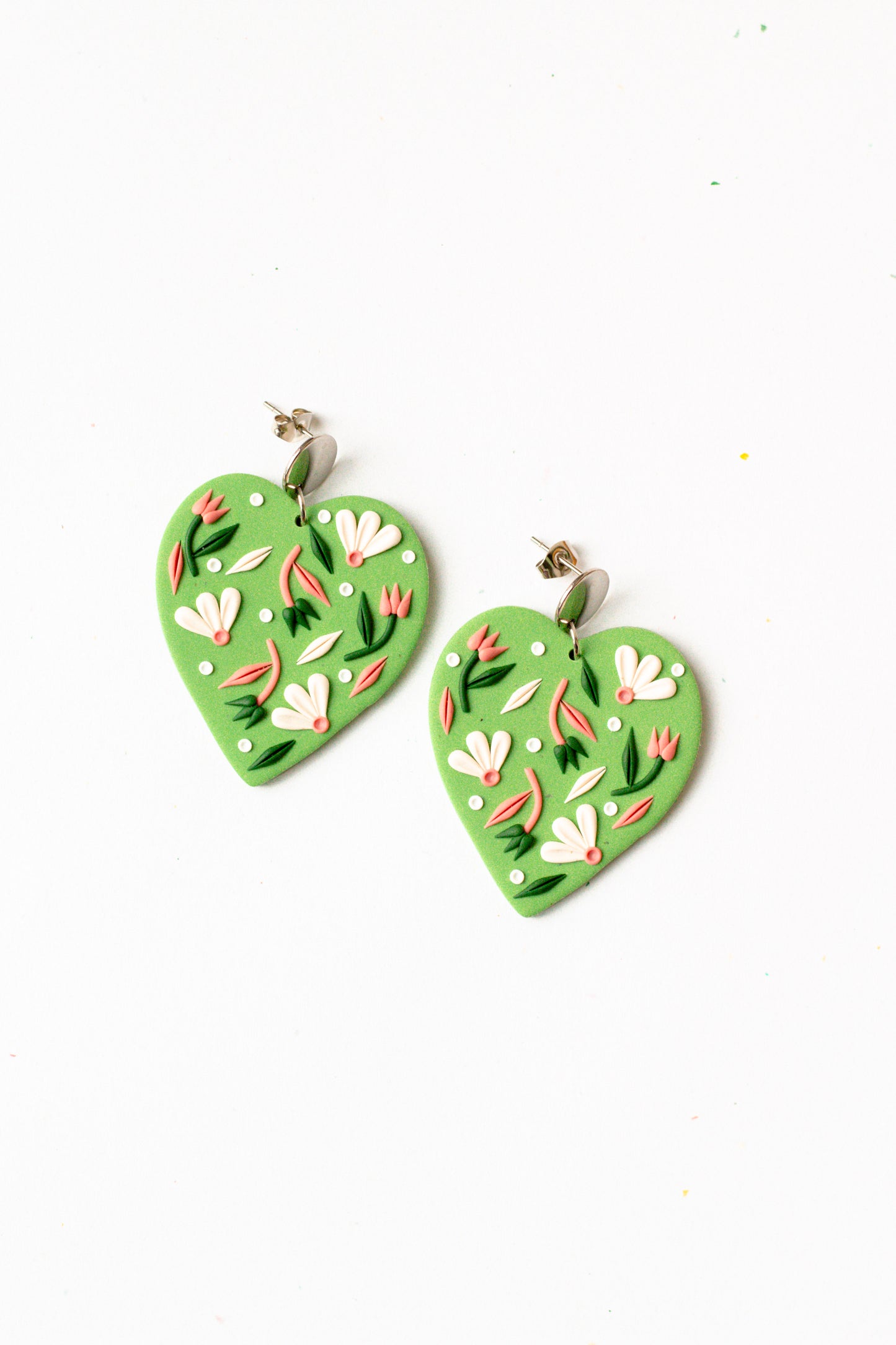 Floral Heart Clay Dangle Earrings // Speckled Sage