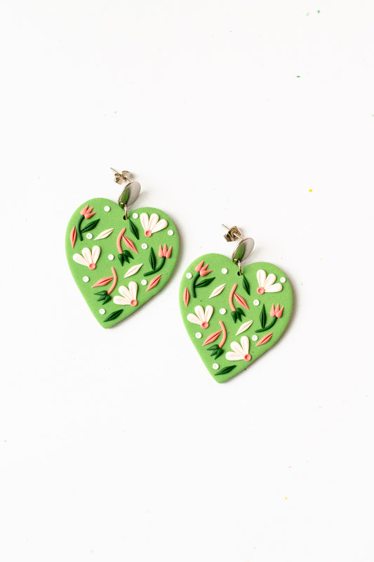 Floral Heart Clay Dangle Earrings // Speckled Sage
