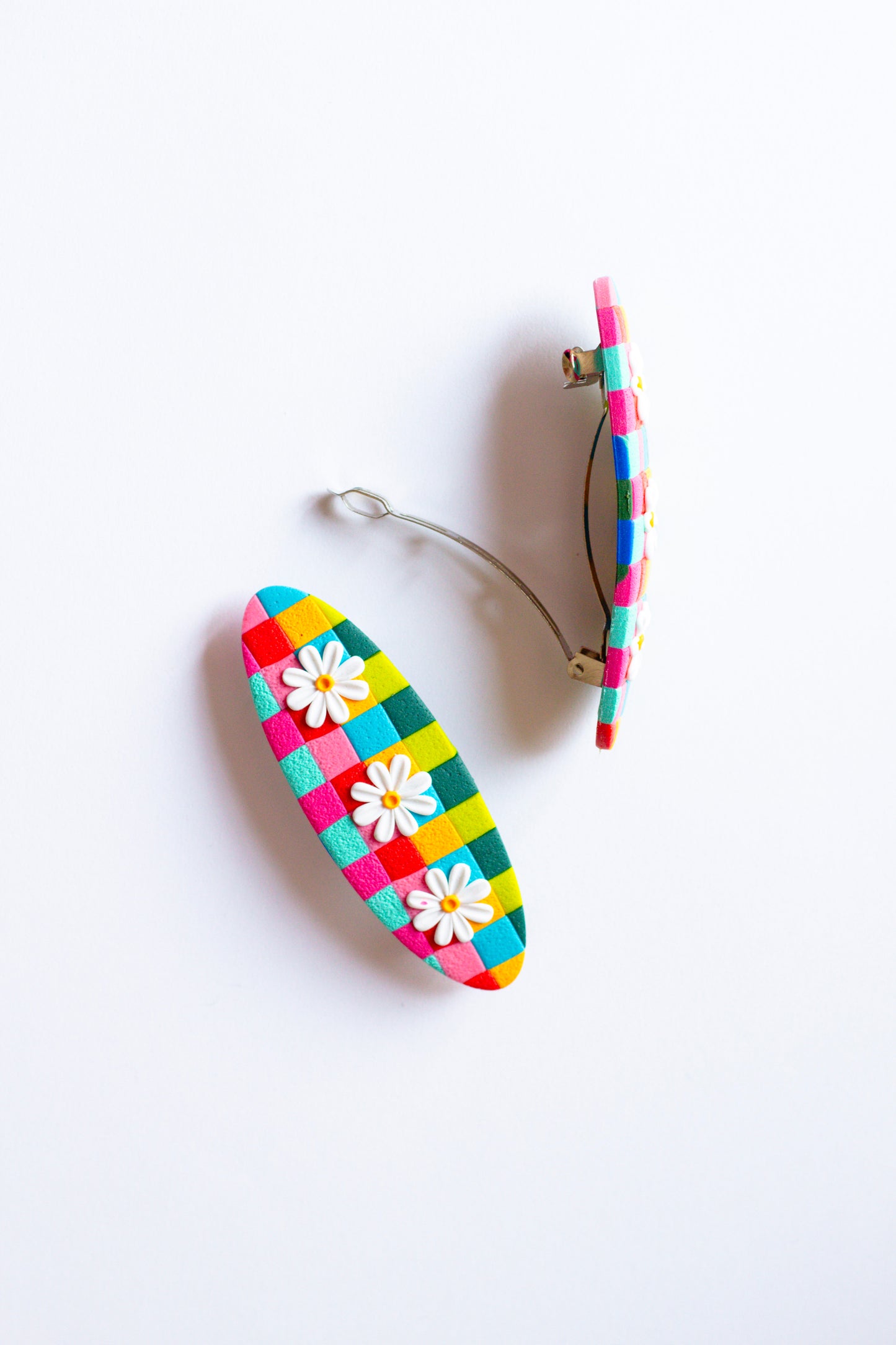 Rainbow Checkerboard Daisy Hair Barrette