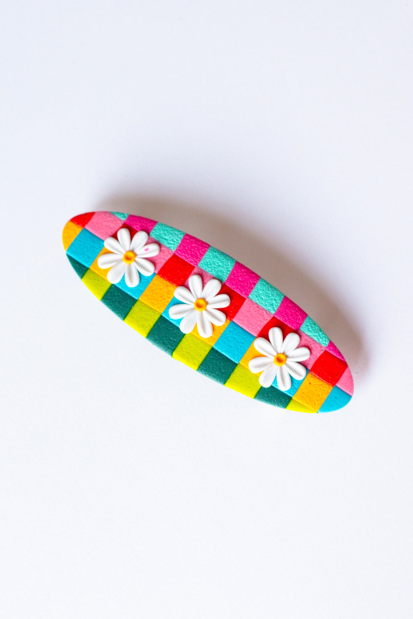 Rainbow Checkerboard Daisy Hair Barrette