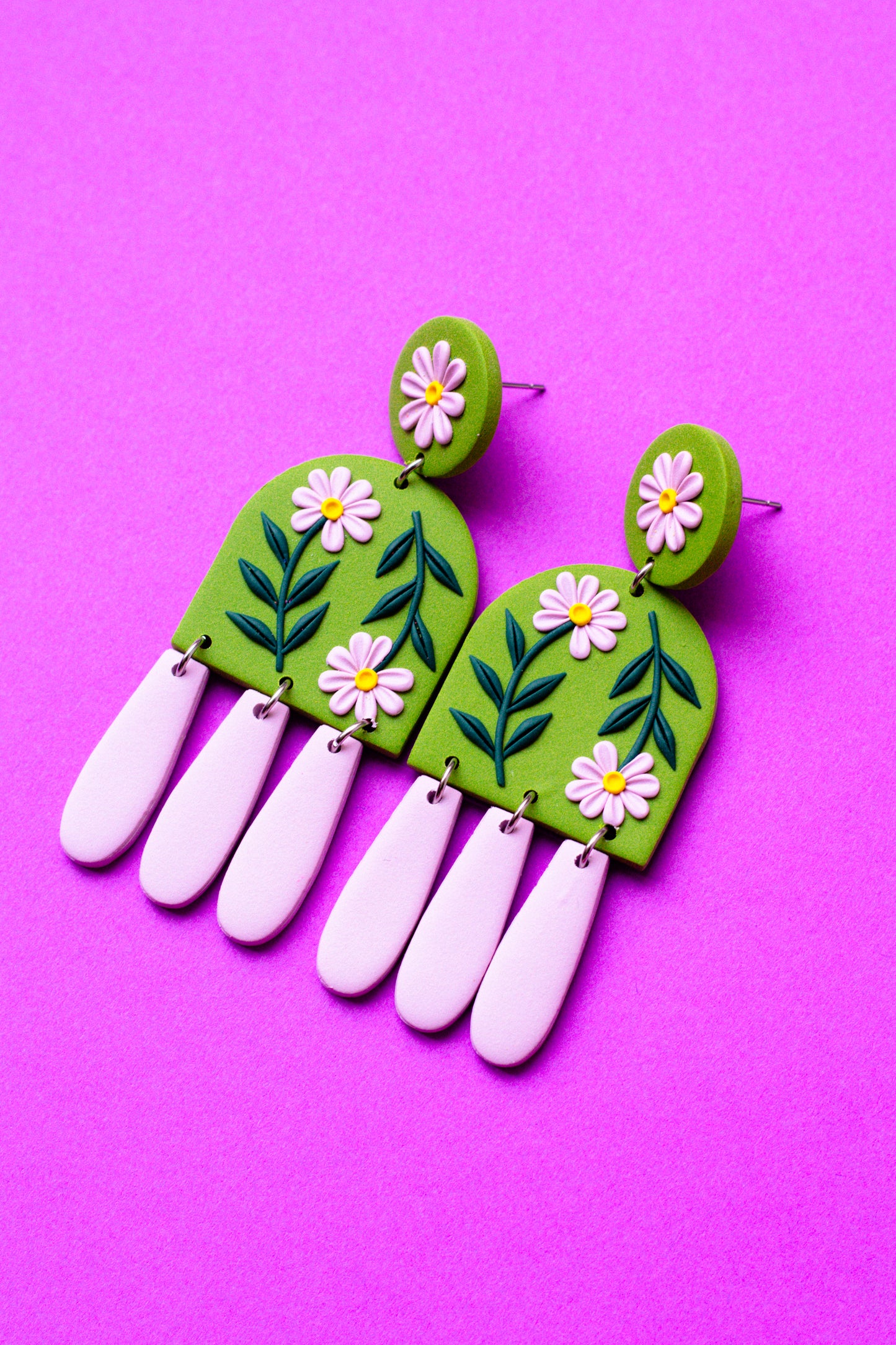 Floral Polymer Clay Dangle Statement Earrings // Olive Green & Lilac