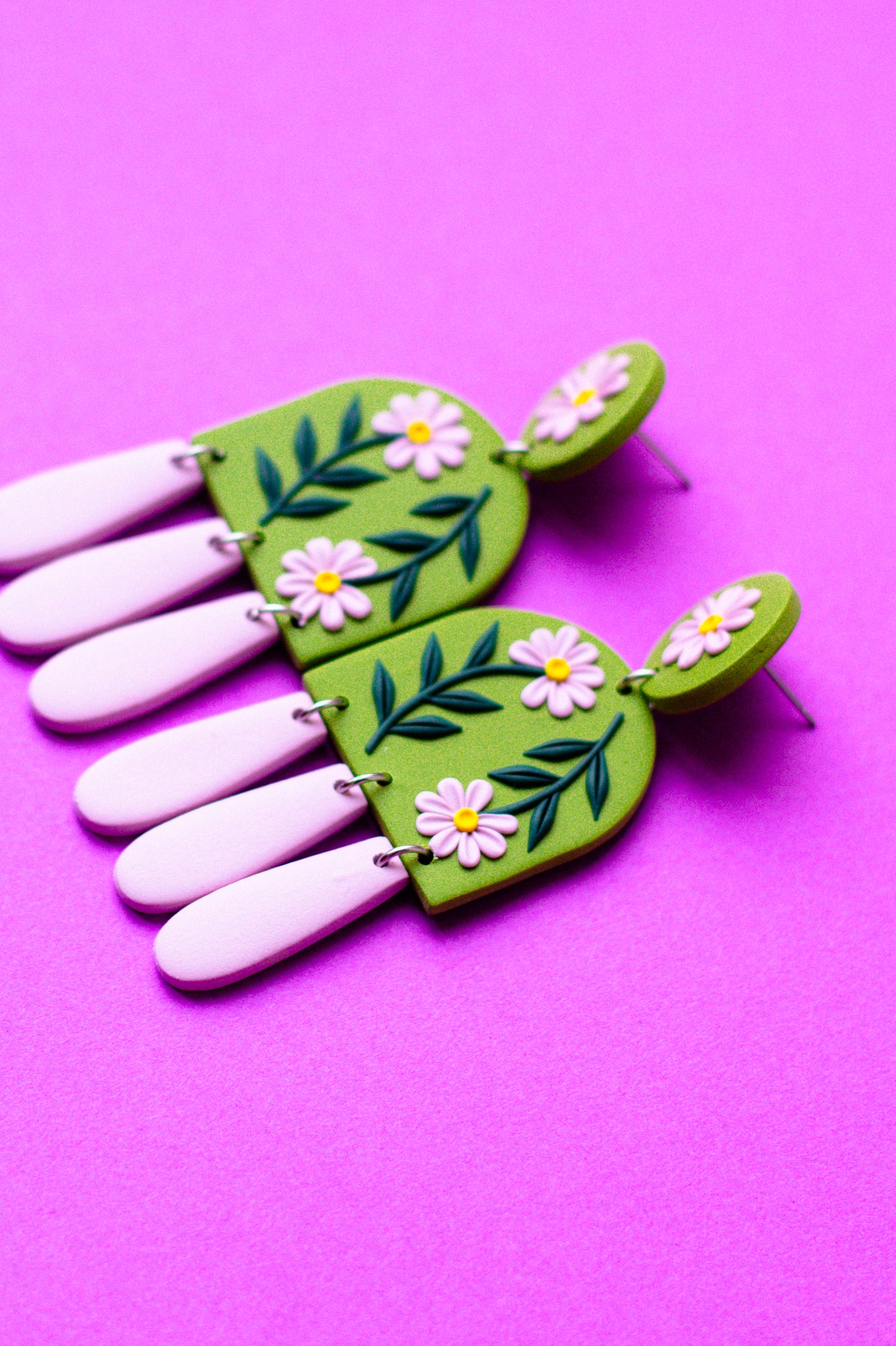 Floral Polymer Clay Dangle Statement Earrings // Olive Green & Lilac