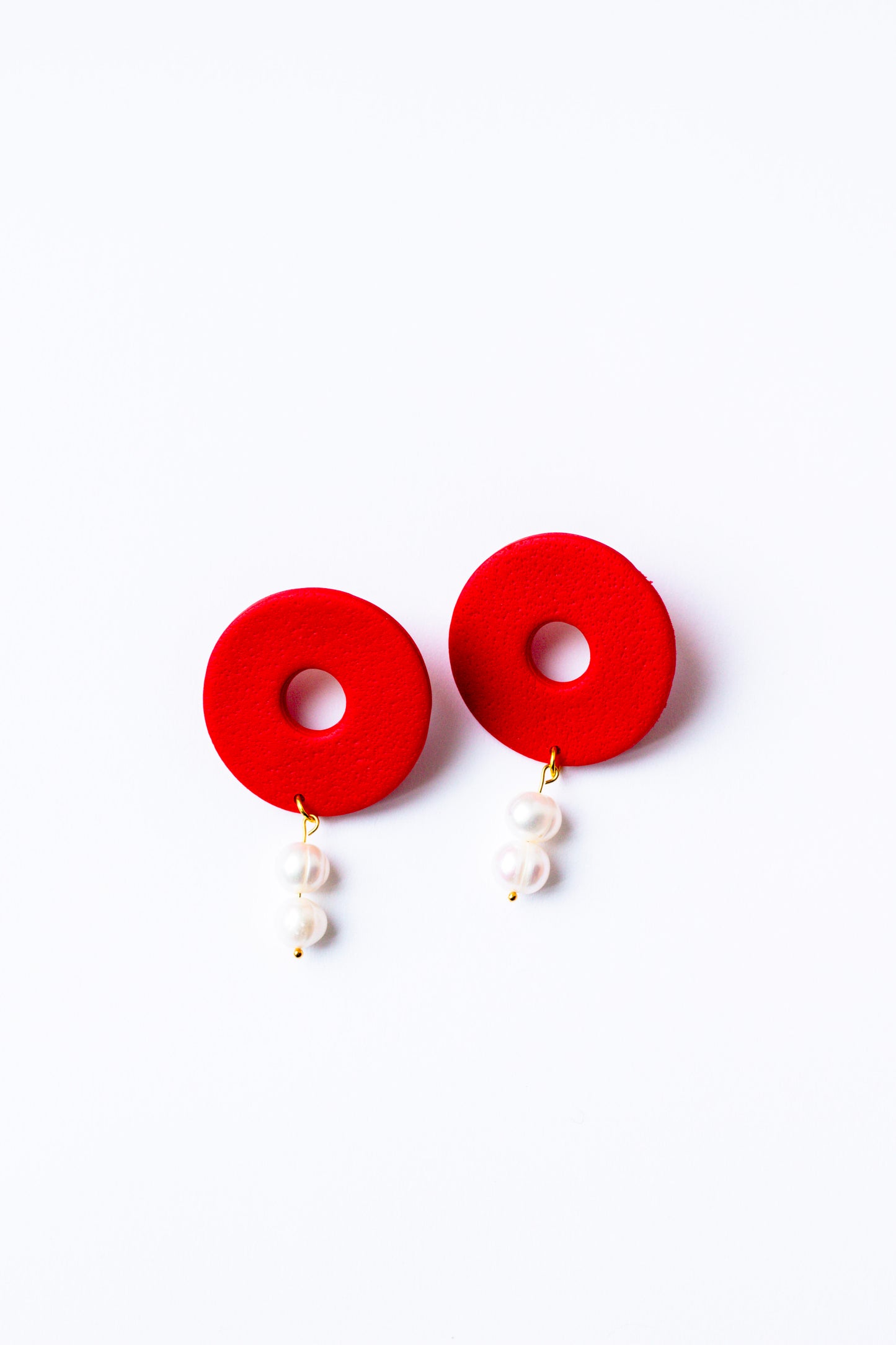 Polymer Clay Donut Statement Stud with Pearl Accents // Red