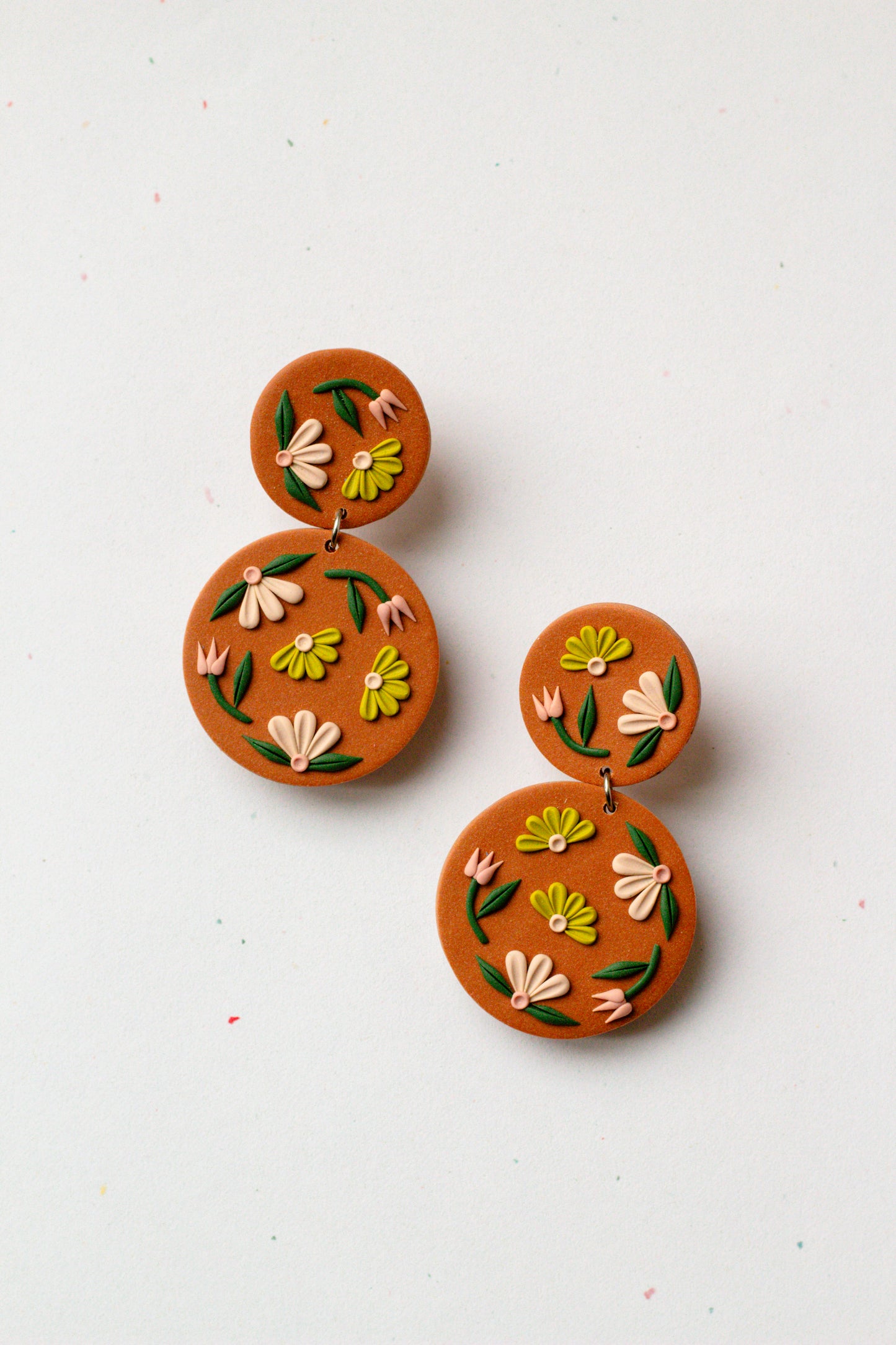 Terracotta Floral Polymer Clay Circle Dangle Earrings