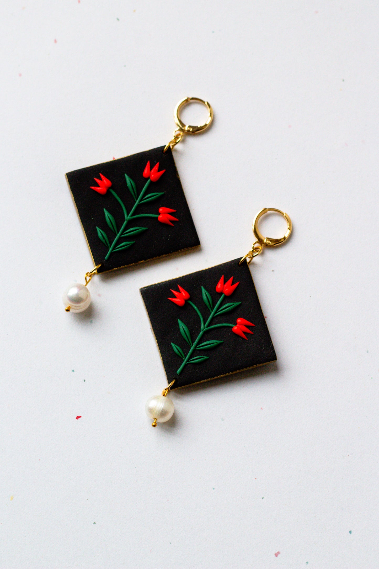 Statement Polymer Clay Tulip Huggie Earrings - Black
