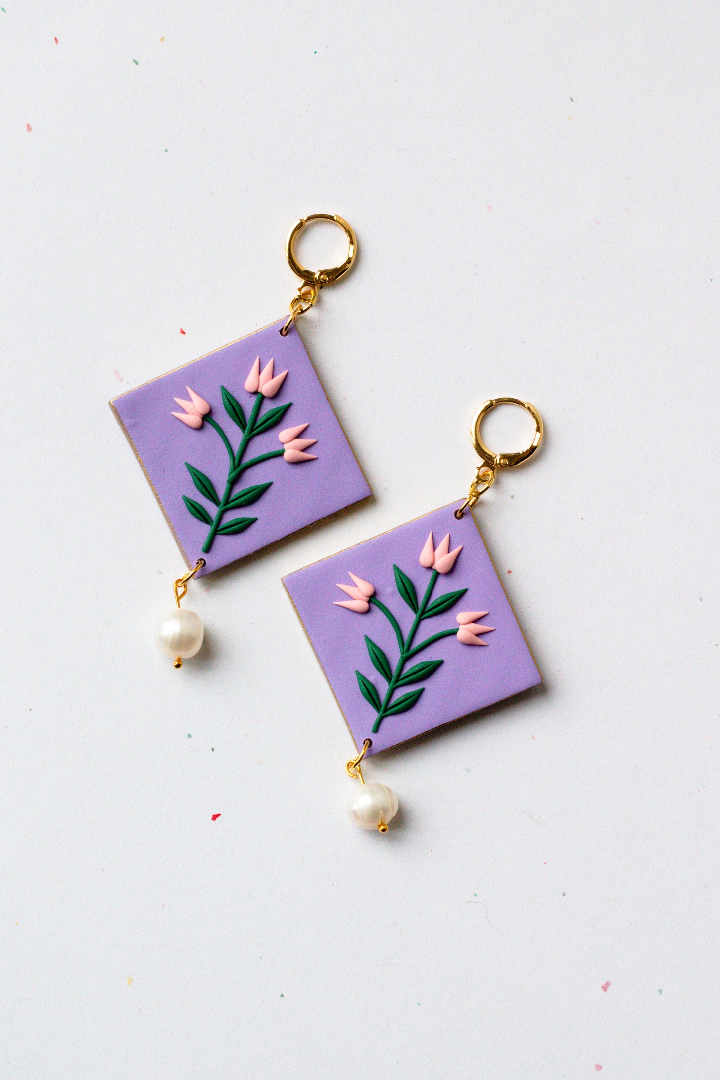Statement Polymer Clay Tulip Huggie Earrings - Purple