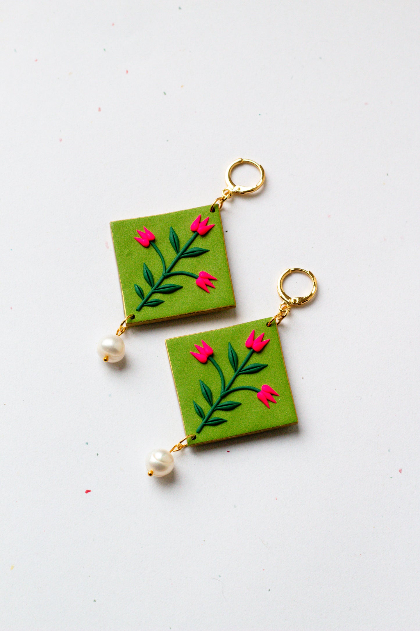 Statement Polymer Clay Tulip Huggie Earrings - Olive Green