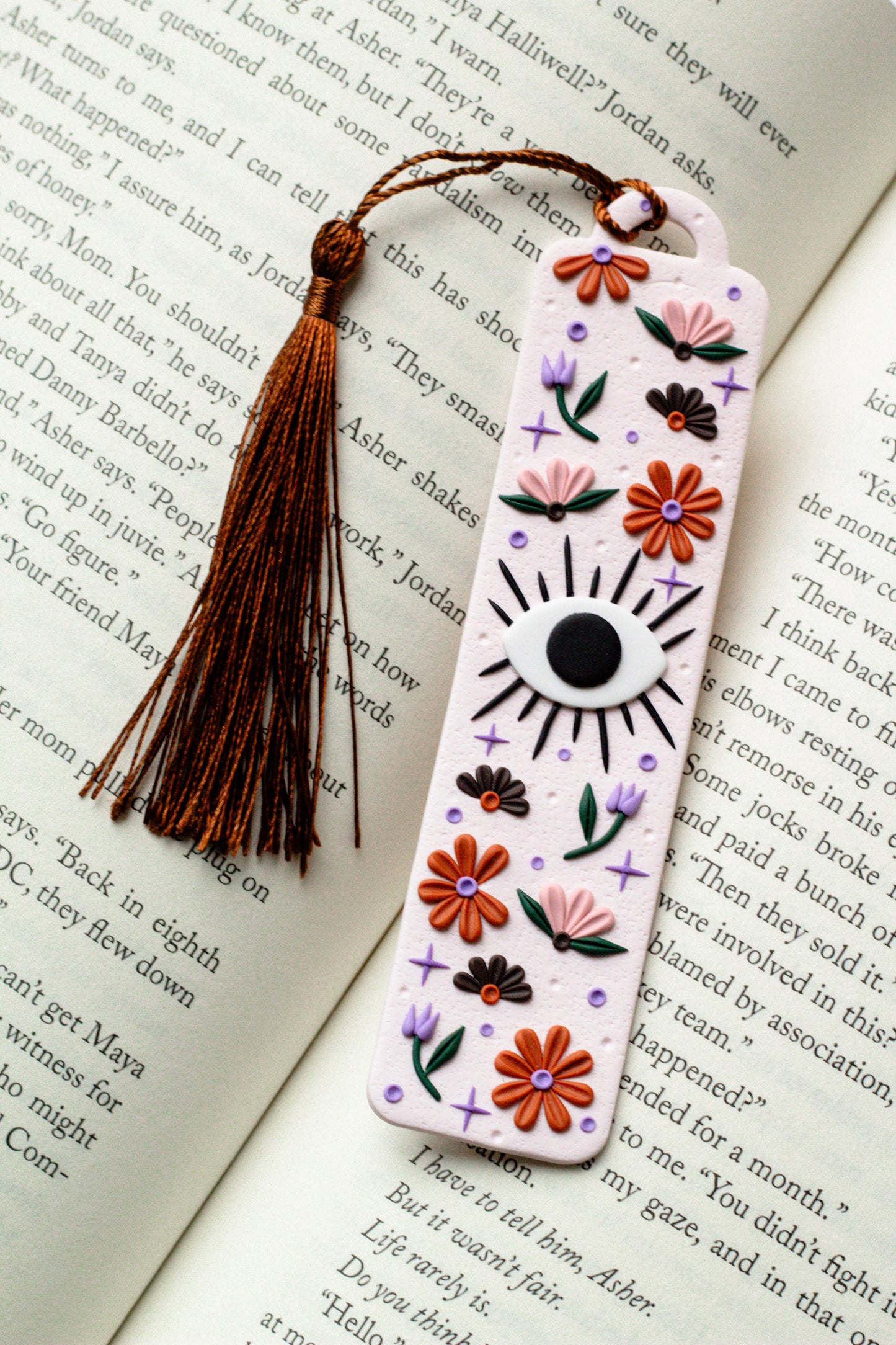 Floral Evil Eye Polymer Clay Bookmark - White