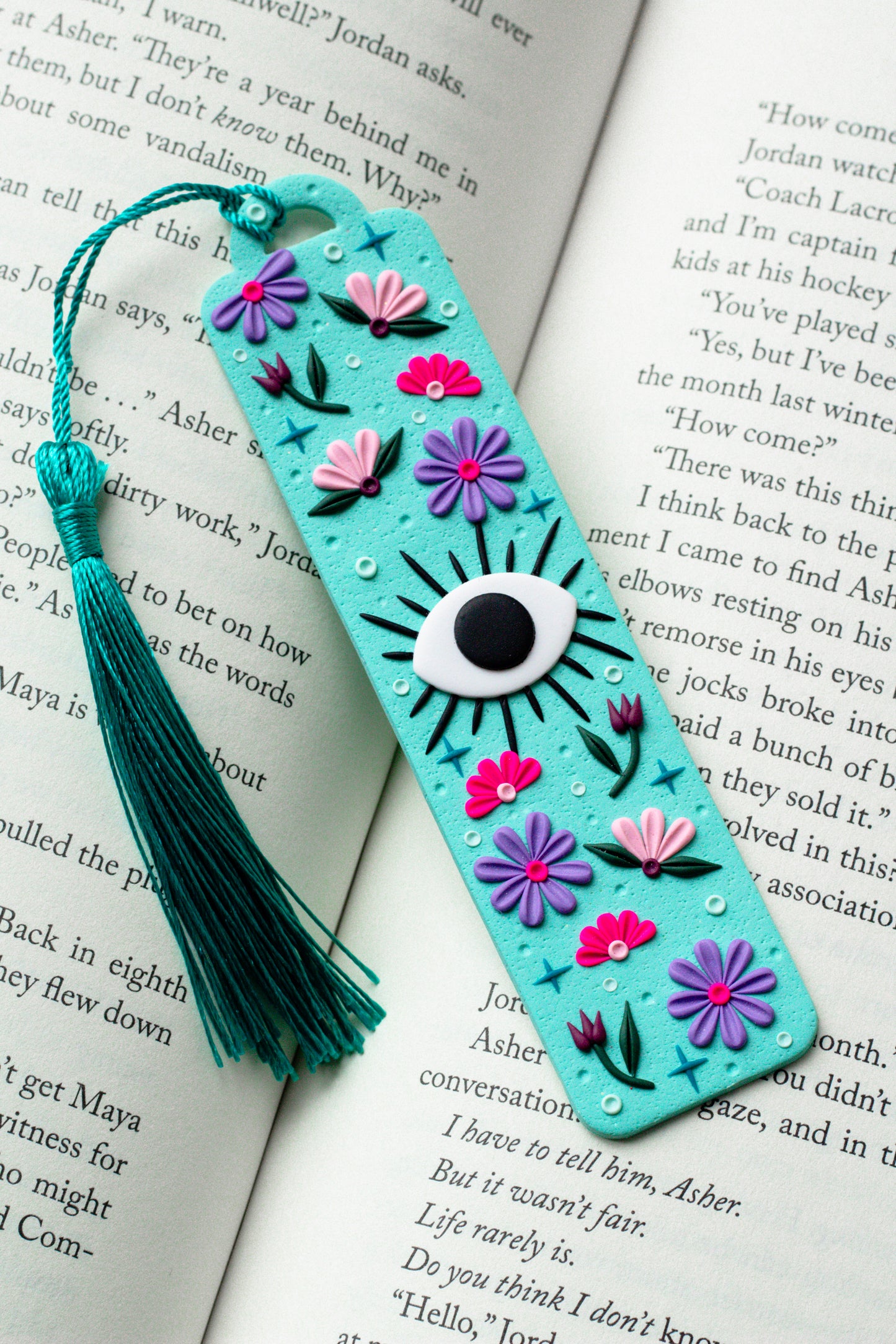 Floral Evil Eye Polymer Clay Bookmark - Turquoise