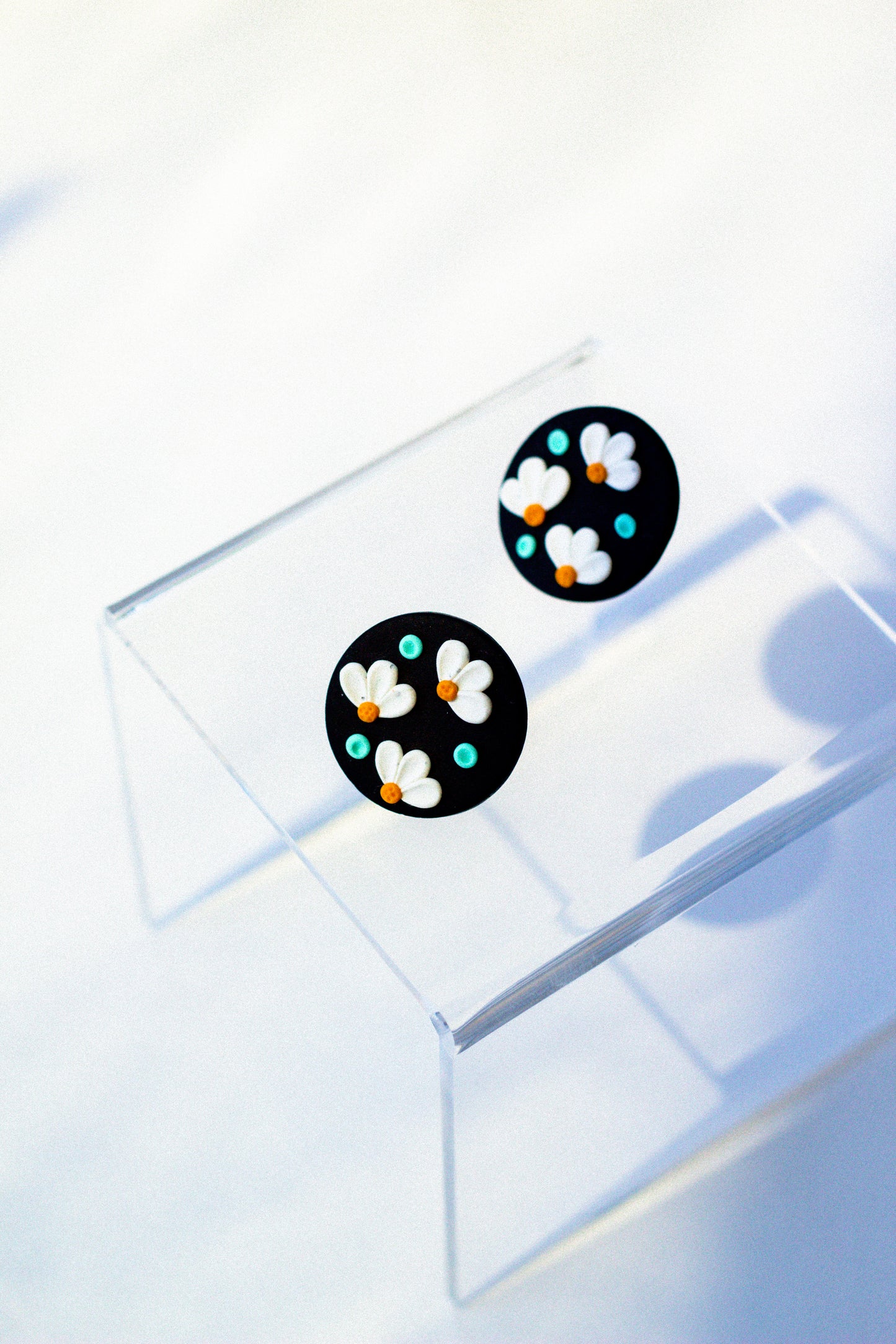 Polymer Clay Floating Daisies Stud // Black