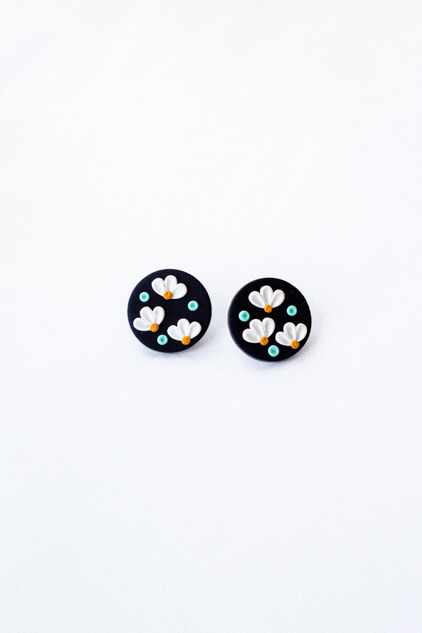 Polymer Clay Floating Daisies Stud // Black