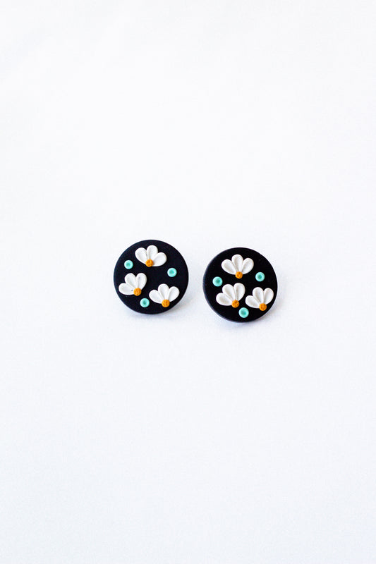 Polymer Clay Floating Daisies Stud // Black