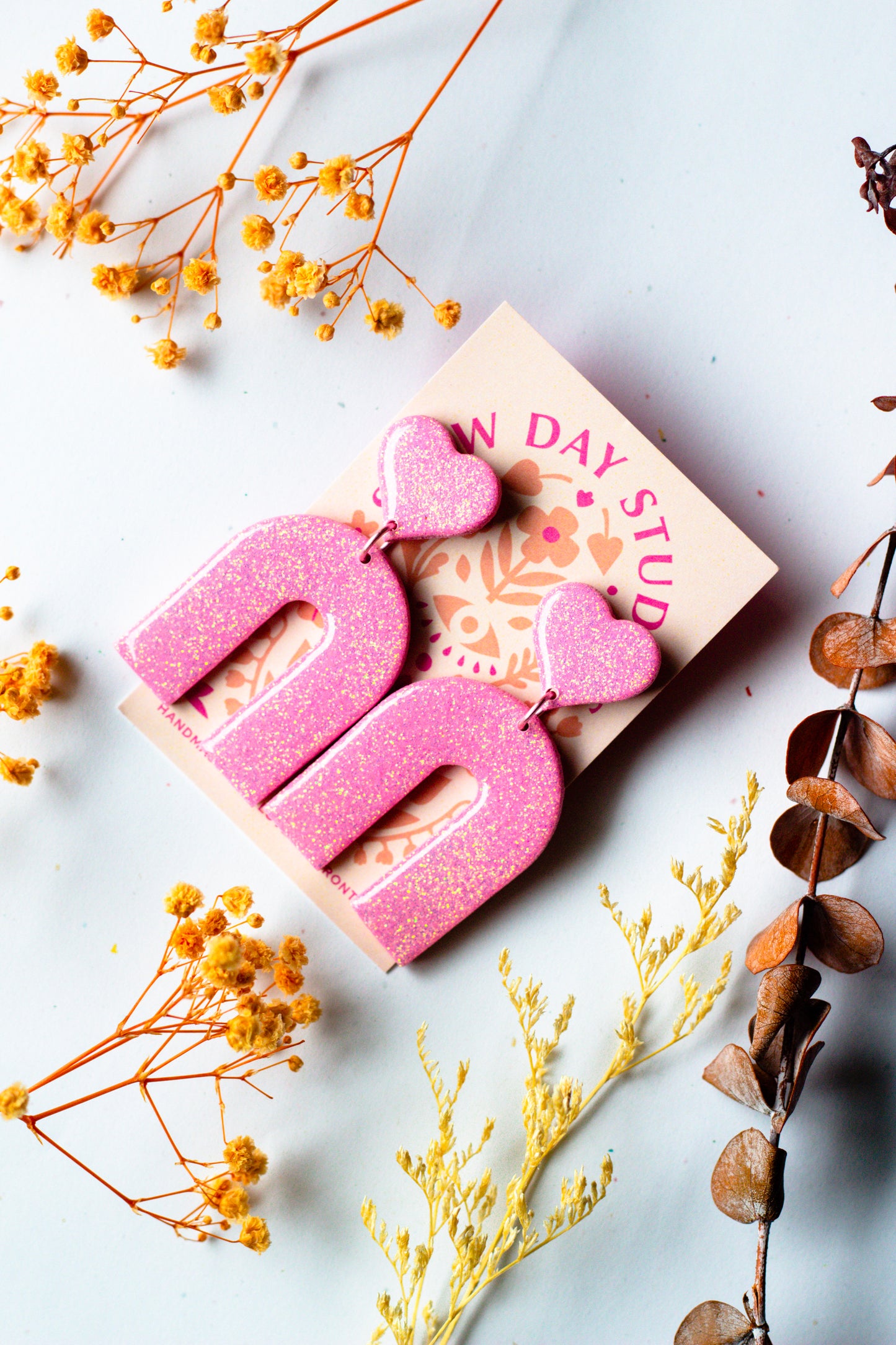 Pink Polymer Clay Glitter Heart Arch Statement Earrings