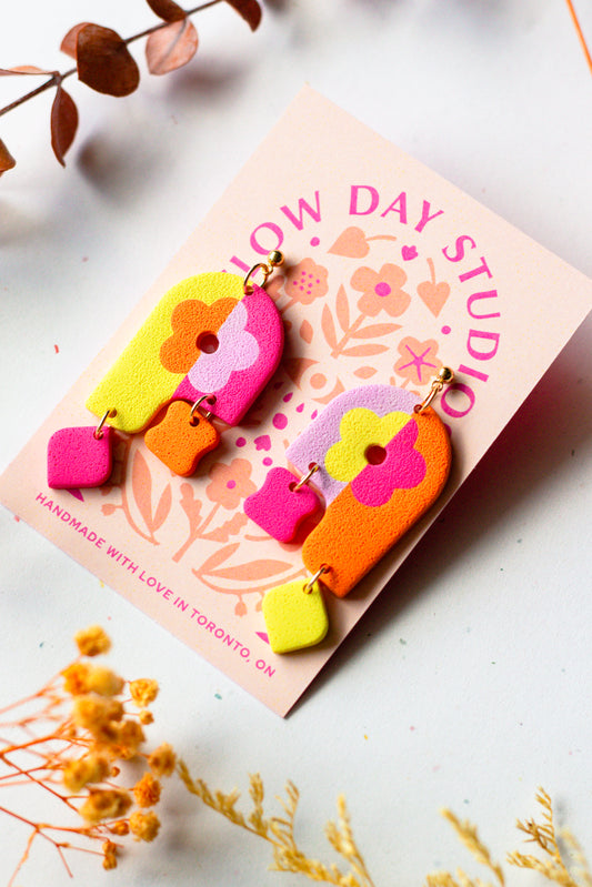 Groovy Flower Colourblock Dangle Earrings