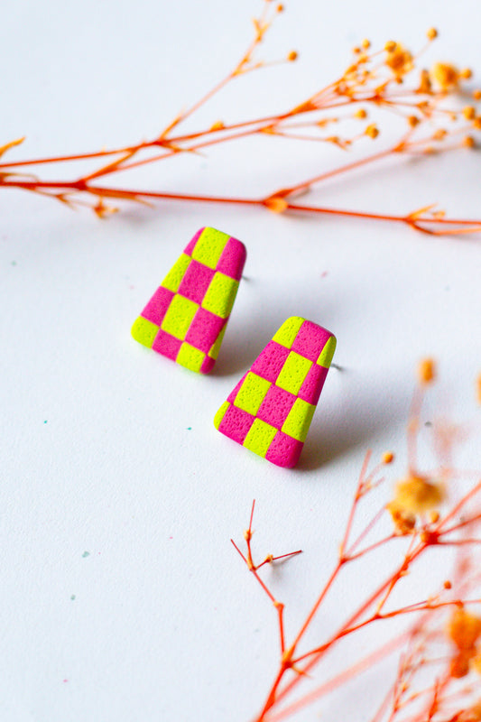 Checkerboard Textured Studs // Chartreuse & Magenta