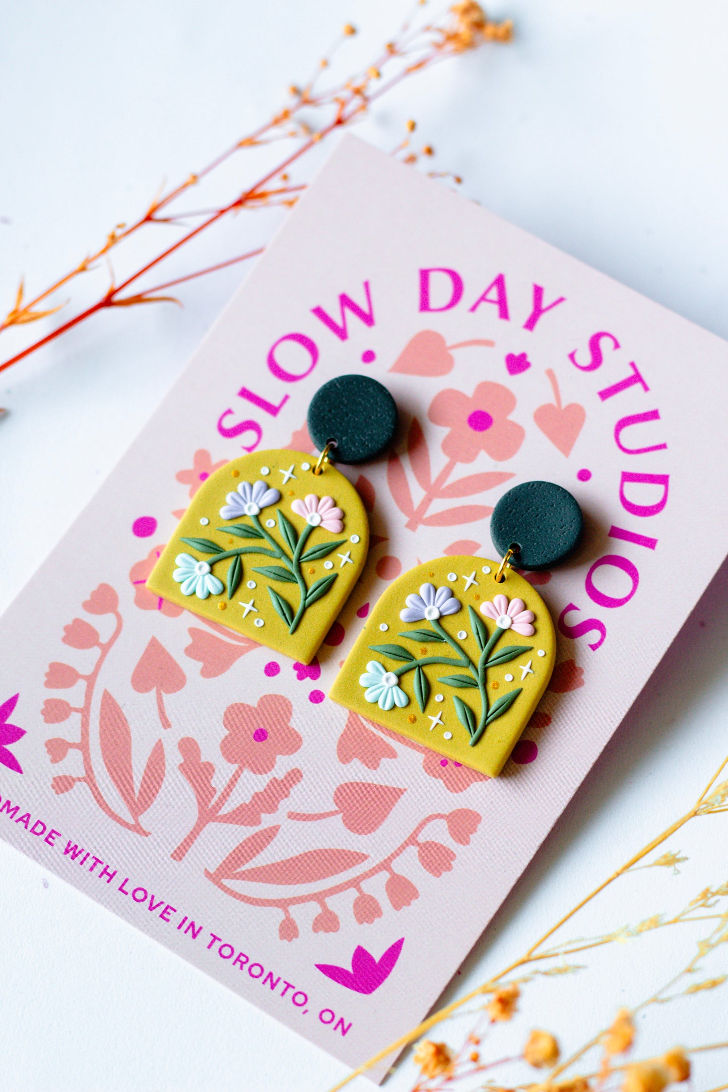 Whimsical Floral Arch Earrings - Mustard Yellow