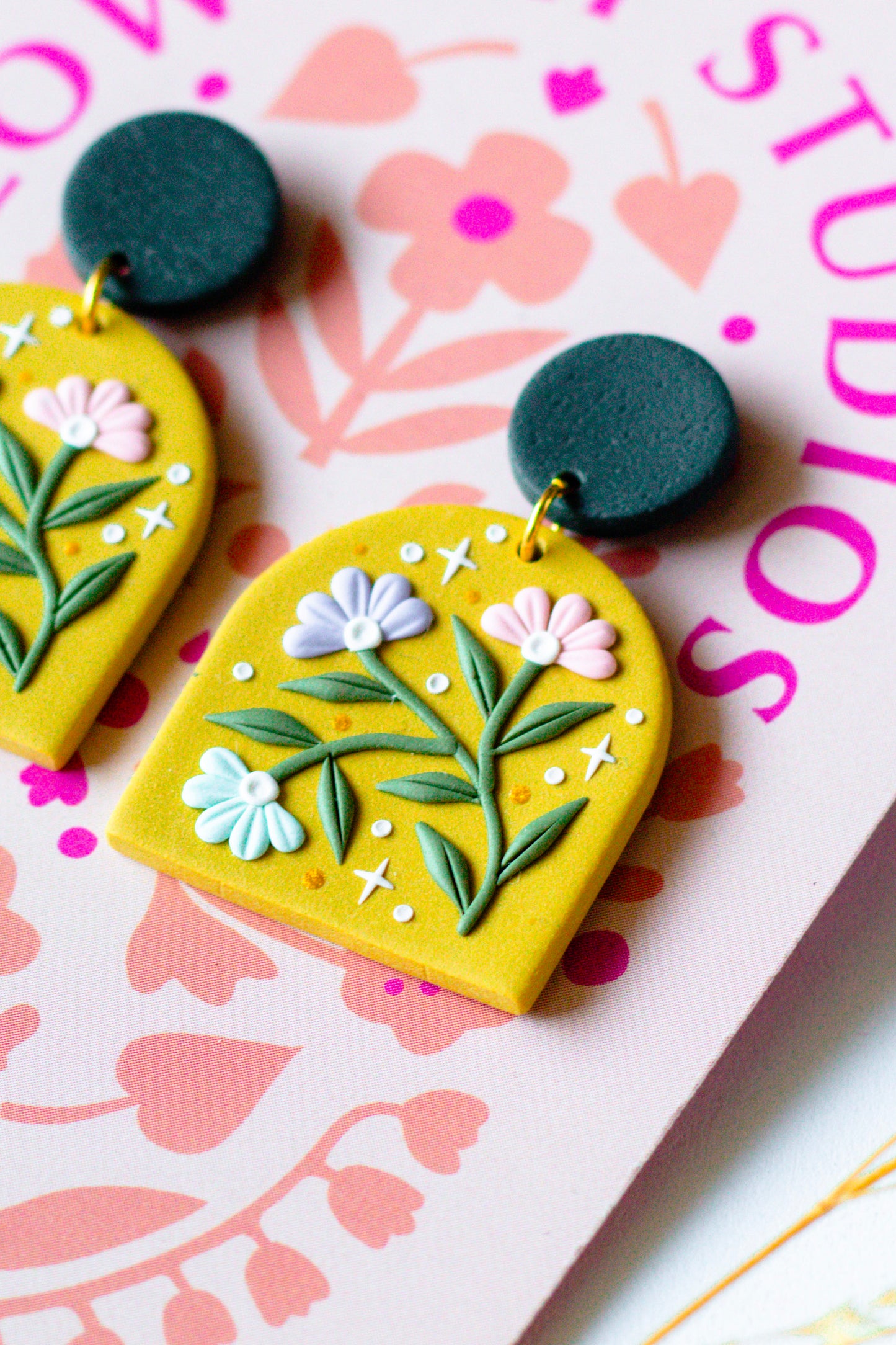 Whimsical Floral Arch Earrings - Mustard Yellow