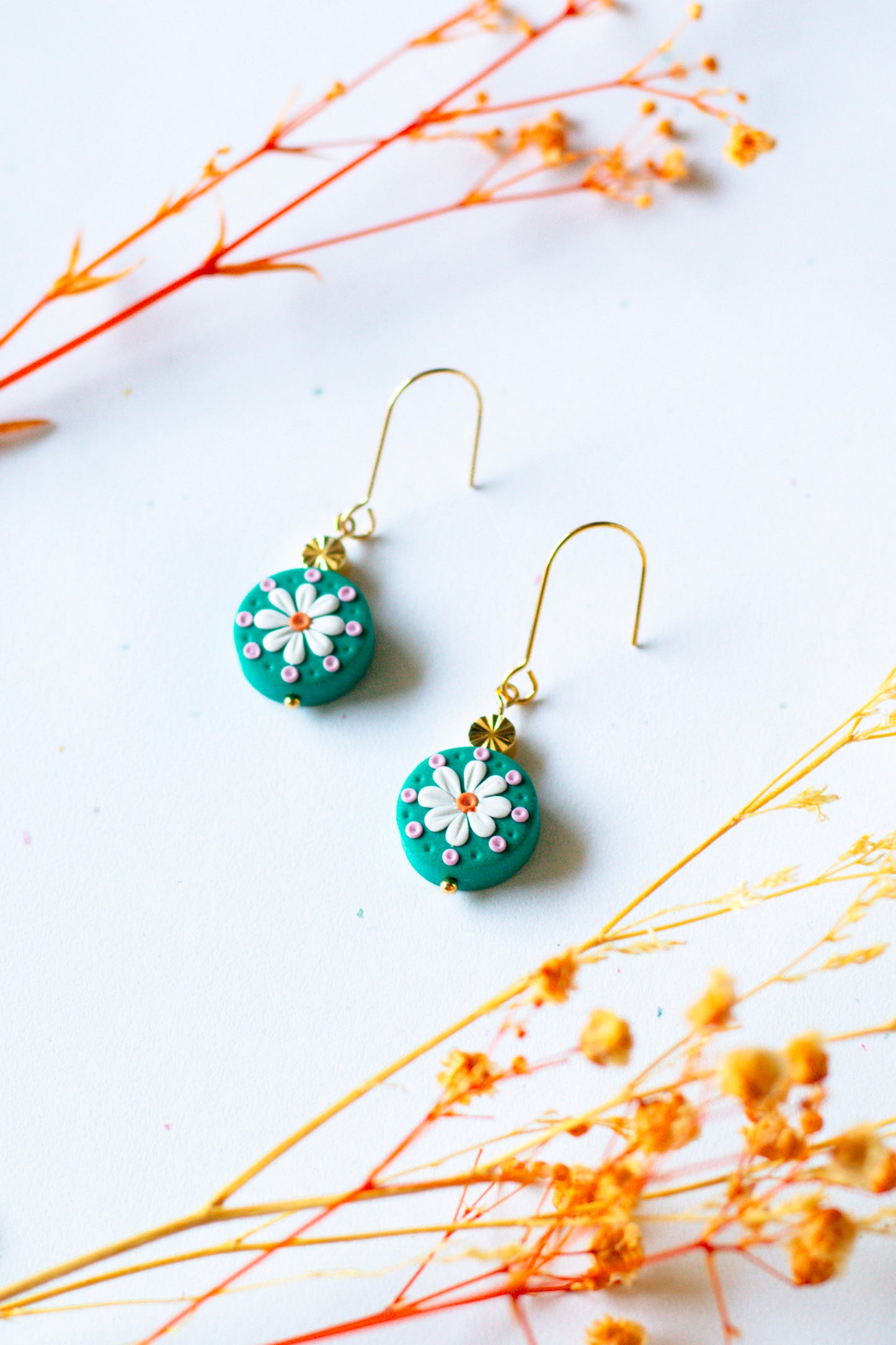 Daisy Beaded Gold Plated Hook Earrings - Teal