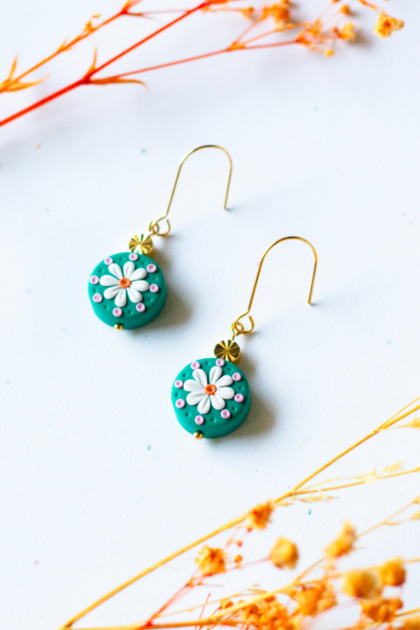 Daisy Beaded Gold Plated Hook Earrings - Teal