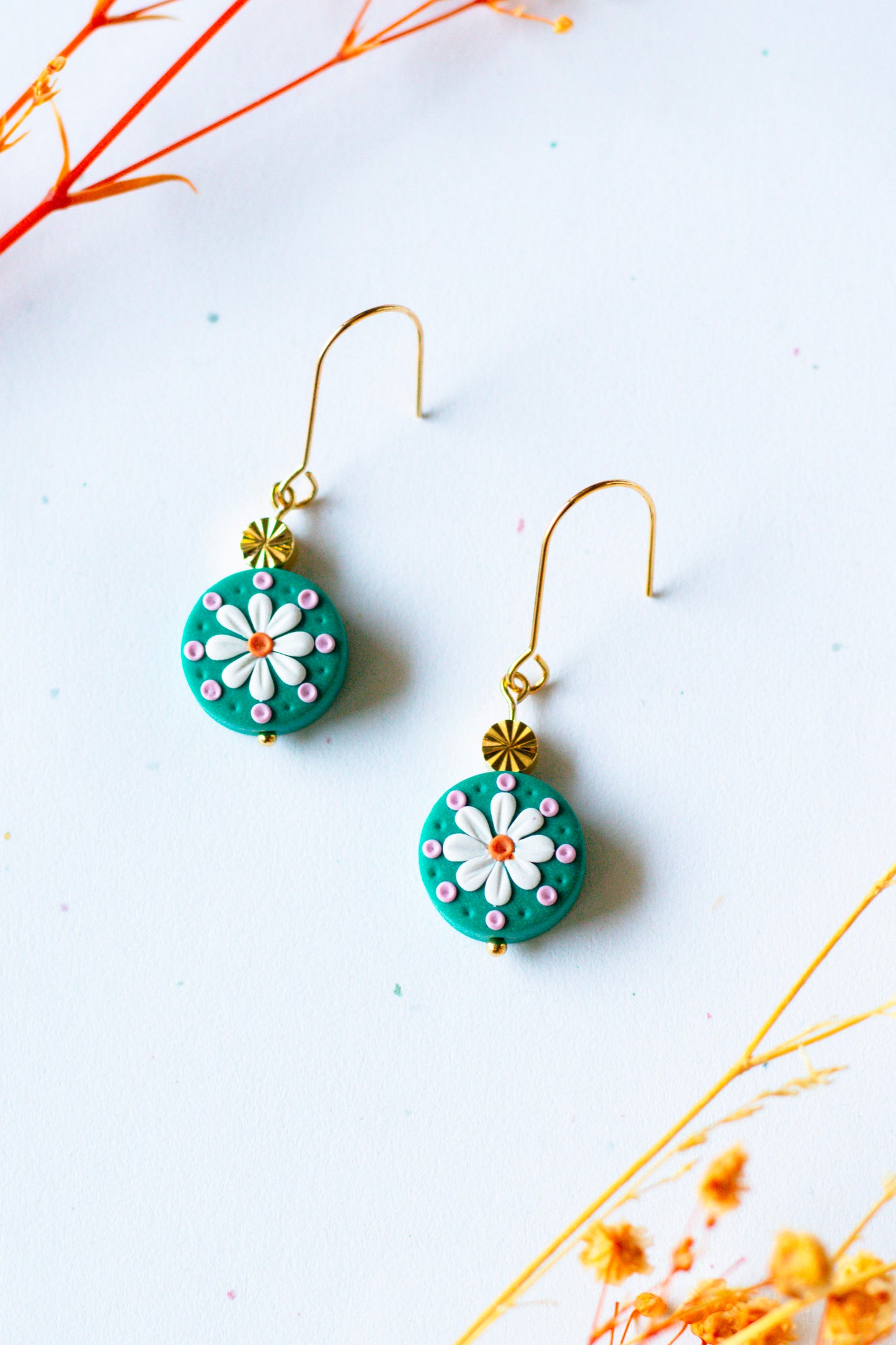 Daisy Beaded Gold Plated Hook Earrings - Teal