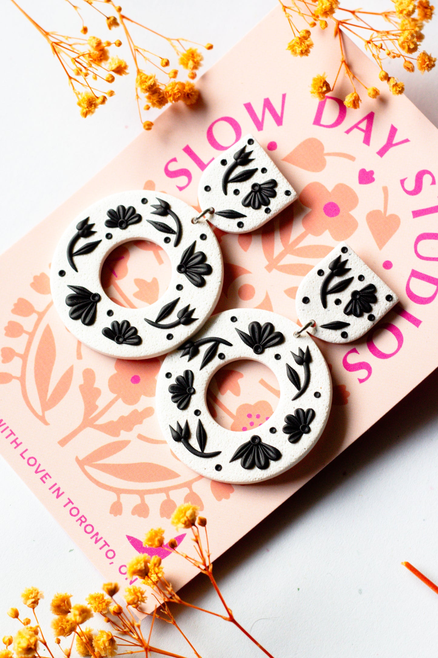 Floral Wreath Earrings - Black & White