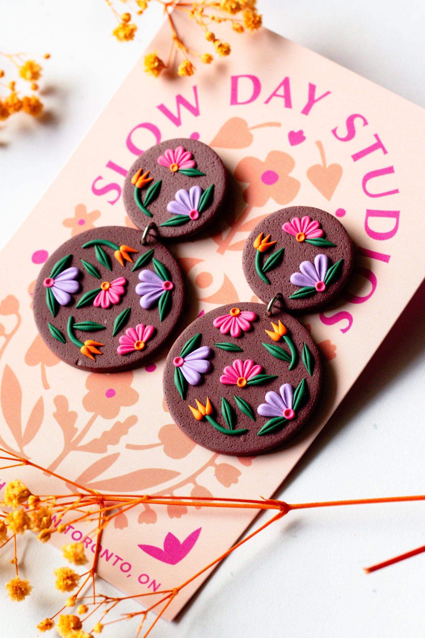 Brown Floral Polymer Clay Circle Dangle Earrings
